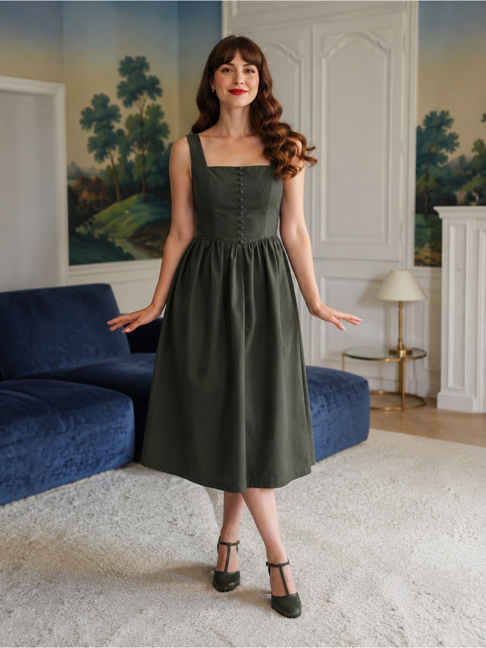 Gaâla Paris Green Linen Cotton Square Neck Button Front Midi Dress Size 8 US